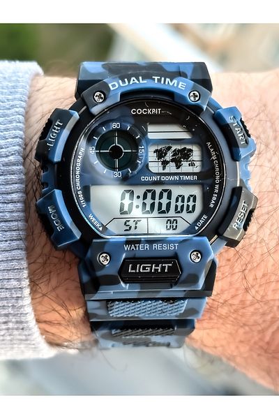 Cockpit Brand, Suitable for Marine Use, Silicone Strap, Illuminated, Digital Men's Wristwatch with Stopwatch
