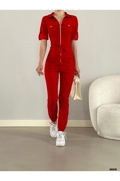 pelinzen Women's Imported Crepe Fabric Zippered Pocket Detail Belted Jumpsuit