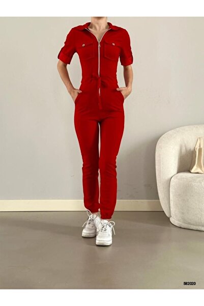 pelinzen Women's Imported Crepe Fabric Zippered Pocket Detail Belted Jumpsuit