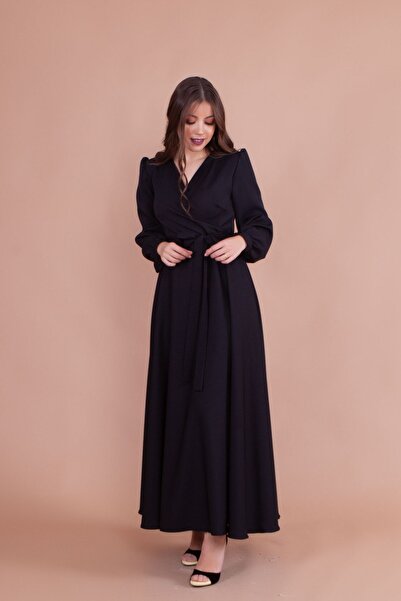 NO48 Rochie neagră cu guler dublu, cu mânecă lungă, cu nasturi, cu manșetă