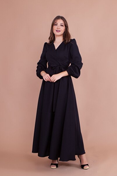 NO48 Rochie neagră cu guler dublu, cu mânecă lungă, cu nasturi, cu manșetă