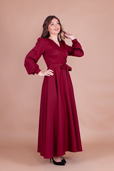 NO48 فستان بورجوندي بياقة مزدوجة الصدر وأكمام طويلة وأزرار وأكمام طويلة وحزام