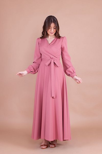 NO48 Φόρεμα Dusty Rose με διπλό στήθος με μακρύ μανίκι με κουμπιά με μανσέτα με ζώνη