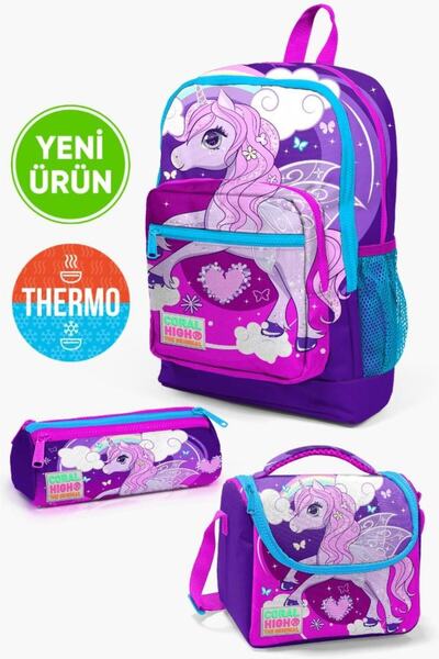 Coral High Kids Mor Pembe Unicorn Desenli Kalemlik Beslenme,3’lü Okul Çanta S...