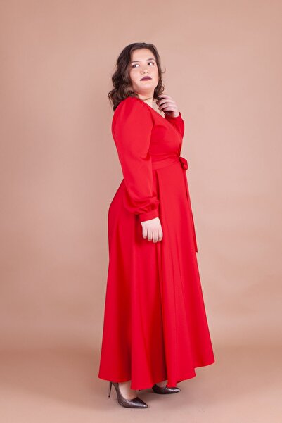 NO48 Red Double Breasted Collar Long Sleeve Buttoned Cuffed Long Length Belted Plus Size Dress