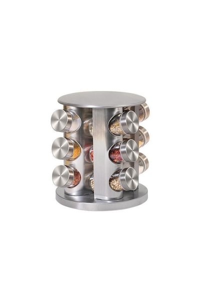 İNOVA LİFE 360 Degree Rotatable Metal Stand with 12 Rotating Glass Spice Jars Set Rotating Salt and Pepper Shakers