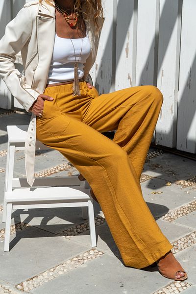 Güneşkızı Women's Mustard Linen Elastic Waist Loose Trousers GK-BST2933