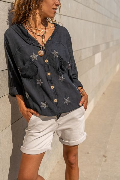 Güneşkızı Μπλούζα με κουκούλα Black Star Sequin Linen - GK-RSD2046