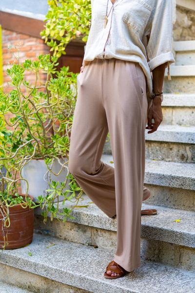 Güneşkızı Women's Beige Linen Elastic Waist Casual Capri Pants