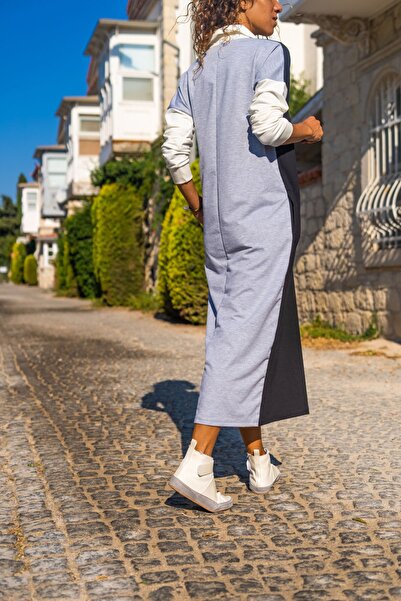 Güneşkızı Women's Black Polo Neck Color Block Long Loose Tracksuit Dress GK-TD2014