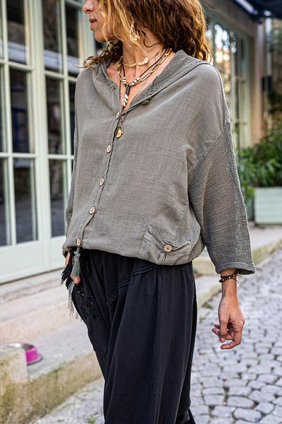 Güneşkızı Women's Khaki Washed Linen Mesh Tie Up Hooded Blouse GK-RSD2021