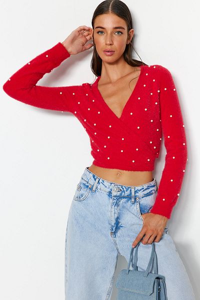 Trendyol Collection Fuchsia Super Crop Feathered Pearl Detailed Sweater TWOAW24KZ00228