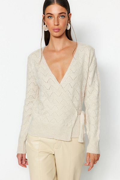 Trendyol Collection Stone Soft Textured Double Breasted Collar Knitwear Sweater TWOAW24KZ00837