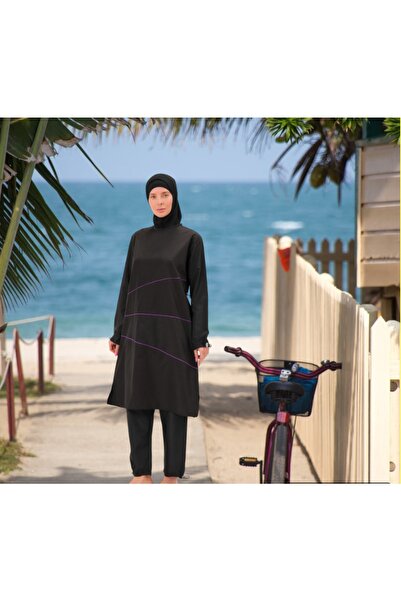 Shopiolog ثوب سباحة طويل بأكمام قصيرة ومزخرف بالزهور للحجاب الكامل