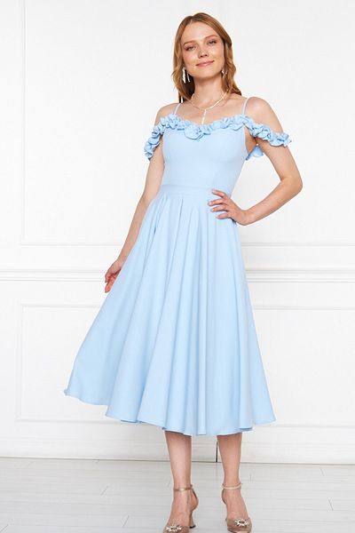 lovebox Rochie de seară midi, evazată, pliată, cu volană, cu bretele ajustabile din țesătură Atlas 421