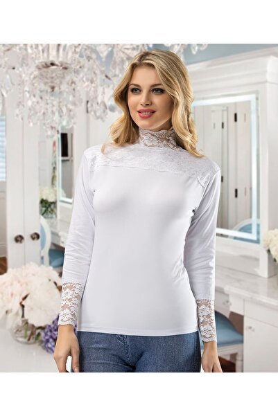 Derya Kurşun Uzun Kol Balıkçı Yaka Dantelli Kadın Tişört 241