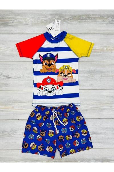 DEREN Paw Patrol Baskılı Mavi Beyaz T-shirt Şort Mayo Seti