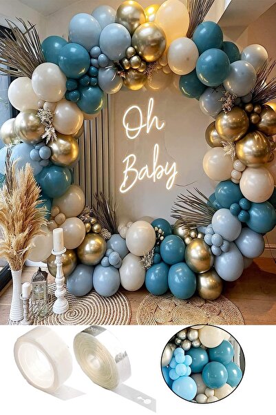 Parti dolabı 55'li Krom Gold, Derin Okyanus Deniz Mavisi ve Kum Rengi Balon Zinciri Sticker Seti