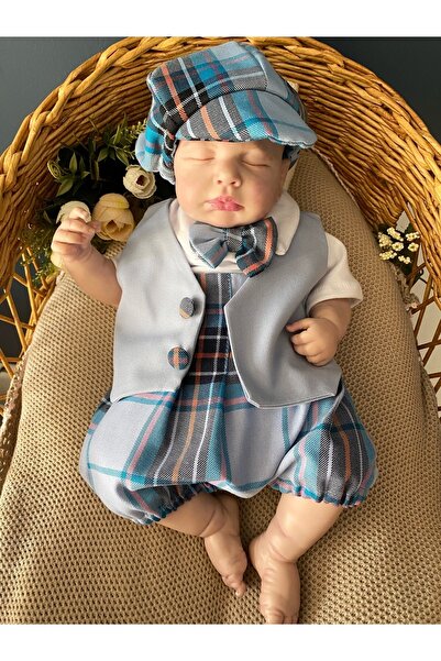Mama Miel Baby Mavi Ekose Düğme Detaylı Yelek Şort Kasket Papyon Ve Çıtçıtlı ...