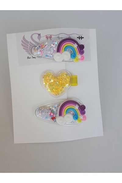 swan butik Σετ αγκράφες για κορίτσια 3 τεμαχίων Διαφανές σετ αγκράφες Rainbow Star Pink