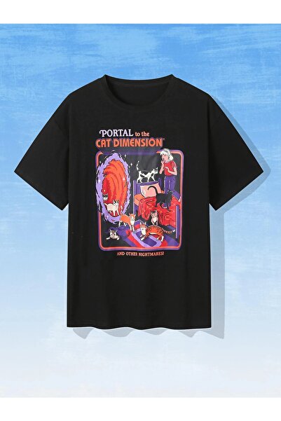 Jose Clothing تي شيرت أسود بتصميم قصير الأكمام مطبوع عليه قطع كبيرة الحجم للج...