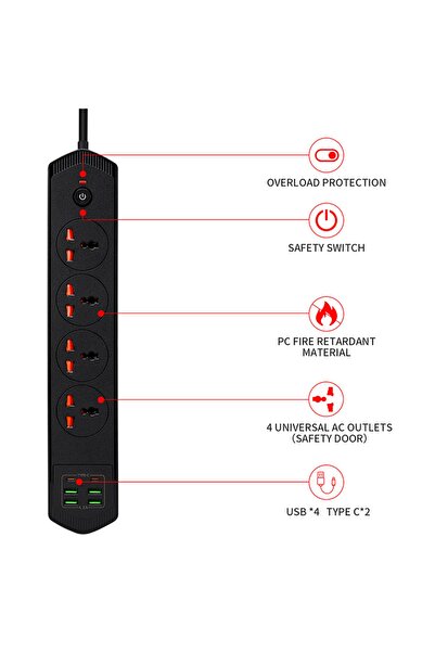 Teknomila 6 Usb'li 4'lü Çoklu Priz 2 M Kablolu Akım Korumalı Anahtarlı Uzatma Grup Priz 3000W