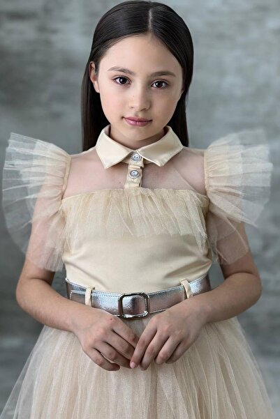 Riccotarz Sukienka dziewczęca Wednesday Salmon z kołnierzykiem koszulowym, dekoltem w serek i rękawami, z tiulowymi detalami