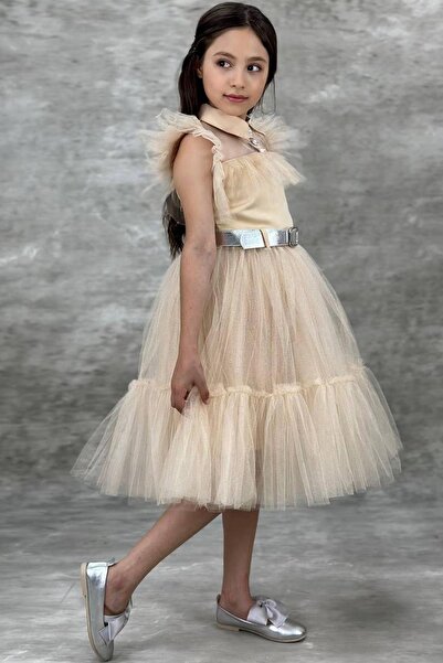 Riccotarz Sukienka dziewczęca Wednesday Salmon z kołnierzykiem koszulowym, dekoltem w serek i rękawami, z tiulowymi detalami