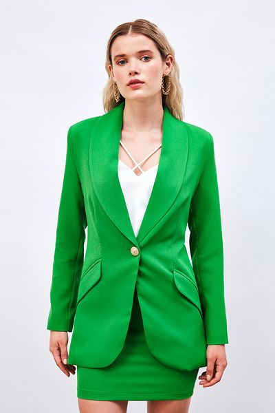 Sateen Button Detailed Long Jacket - Green