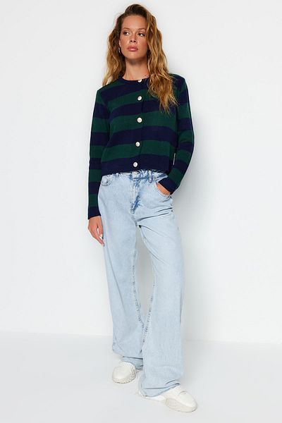 Trendyol Collection Marineblau gestreifter Strick-Cardigan – Jackenoptik, TWOAW24HI00091