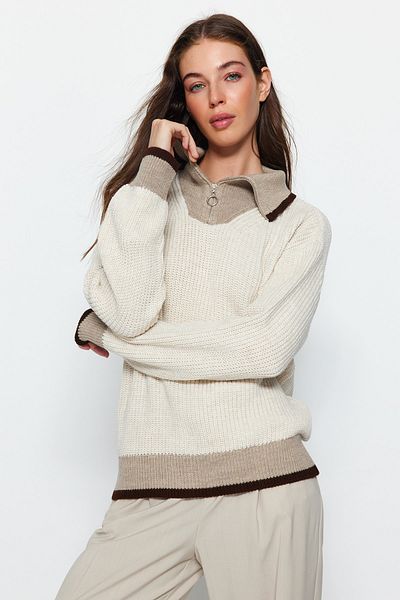 Trendyol Collection Pulover din tricot cu bloc de culoare din nurcă cu fermoar - TWOAW24KZ00369