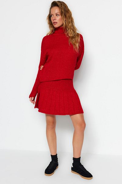 Trendyol Collection Tile Coloured Super Wide Fit Soft Textured Knitwear Set – Faltenrock TWOAW24AU00019