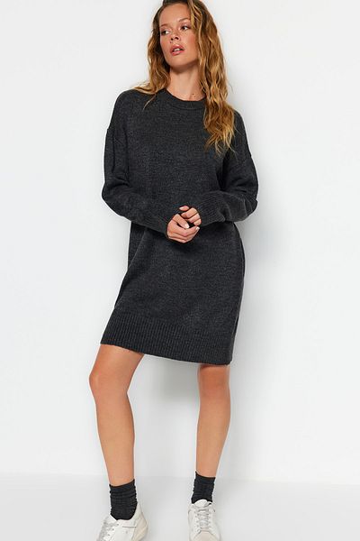Trendyol Collection Super Wide Fit Soft Textured Anthracite Mini Knitwear Dress - Twoaw24El00035