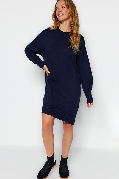 Trendyol Collection Sötétkék mini kötöttáru - széles szabású, puha textúrájú ruha TWOAW24EL00035