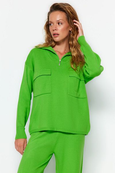 Trendyol Collection Zöld kötöttáru alsó-felső szett – széles szabású, cipzáras és zsebes TWOAW24AU00010