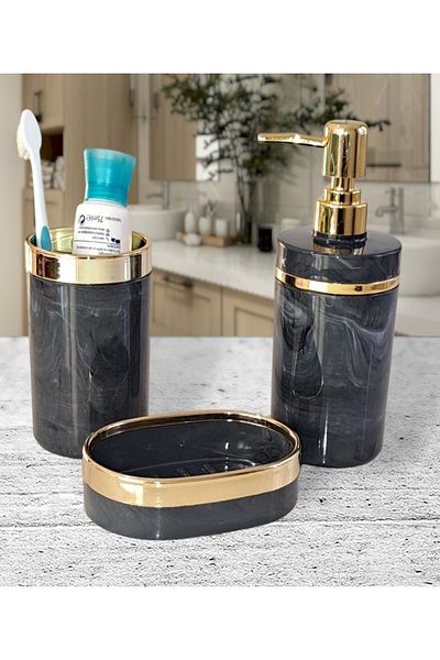 İmera Acrylic Round 3 Piece Marble Pattern Bathroom Set (COLOR; GRAY-GOLD)