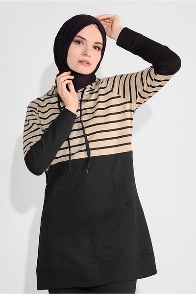 TRENDTESETTÜR Women's Black (BLACK-VISON) Hooded Striped Tracksuit 1055