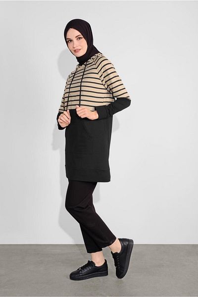 TRENDTESETTÜR Women's Black (BLACK-VISON) Hooded Striped Tracksuit 1055