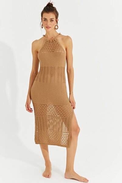 Cool & Sexy Dámské prolamované midi šaty s velbloudí ohlávkou SF2506