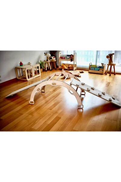 KIDOPPO Ahşap Pikler Üçgen Seti | Montessori Kemerli Merdiven Taşlı Kaydırak Oyun Yastığı