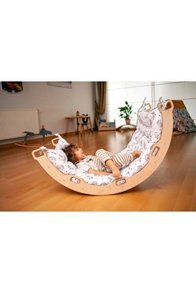 KIDOPPO Ahşap Pikler Üçgen Seti | Montessori Kemerli Merdiven Taşlı Kaydırak Oyun Yastığı