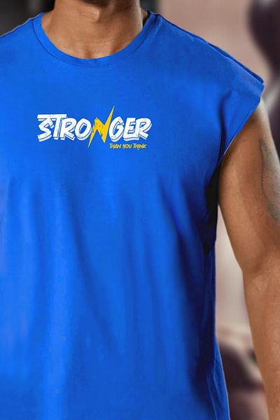 BESSA Men's Stronger Printed Blue Oversize Crew Neck Cotton Sleeveless T-Shirt/Athlete