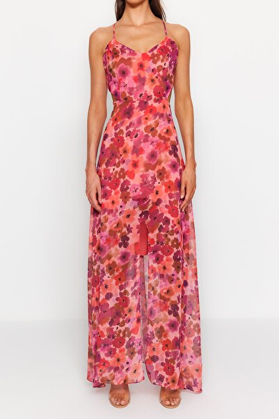 Trendyol Collection Φούξια Φόρεμα με λεπτομέρεια μέσης με λουλουδάτο μοτίβο TWOSS20EL1270