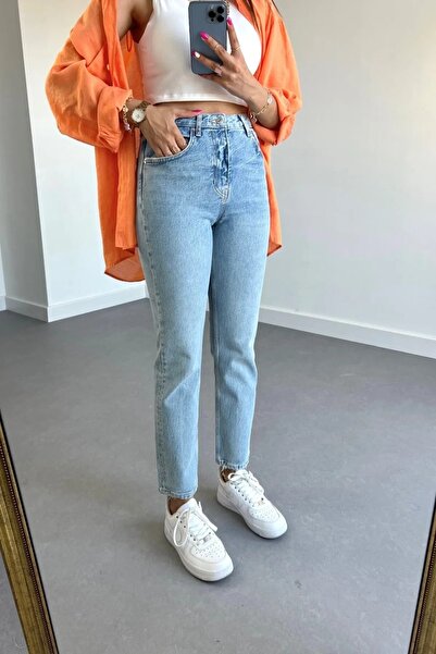 MAKRAS EXCLUSIVE Kadın Mom Jeans Mavi Kar Yıkama Yüksek Bel Likralı Kot Pantolon