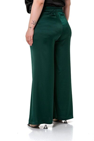 DISENTIS MODEST Plus Size Wide Leg Satin Emerald Green Trousers with Elastic Waist and Back