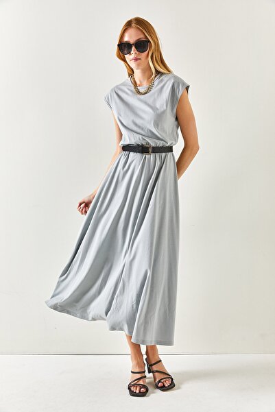 Olalook Women's Gray Elastic Waist Bat Combed Cotton Dress ELB-19001509