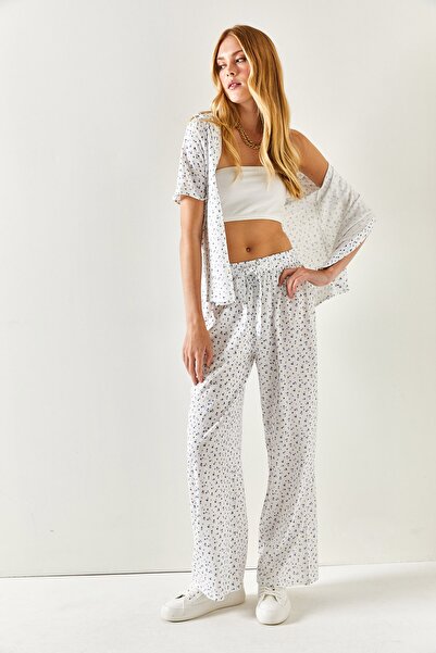 Olalook Dámské tkané viskózové kalhoty Palazzo s modrým vzorem PNT-19000236