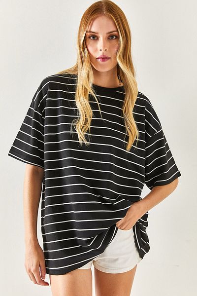 Olalook Γυναικείο μπλουζάκι Unisex με μαύρο ριγέ 2 κλωστών TSH-19000764