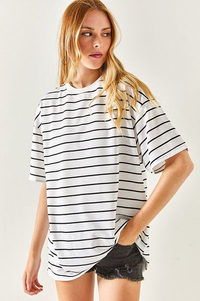Olalook Γυναικείο μπλουζάκι Unisex με 2 κλωστές, λευκό ριγέ TSH-19000764