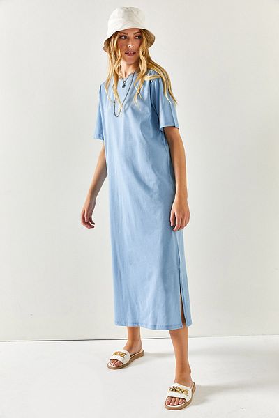Olalook Rochie supradimensionată din bumbac cu fantă laterală indigo pentru femei ELB-19001880